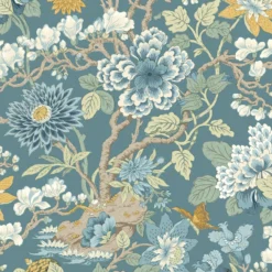 BW45121/3 Little Magnolia Baker Originals Denim And Ochre Wallpaper By GP & J Baker